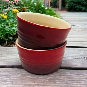 Vintage LE CREUSET Red Ombre Ribbed Ramekins Pair Ceramic Bowls Made in France